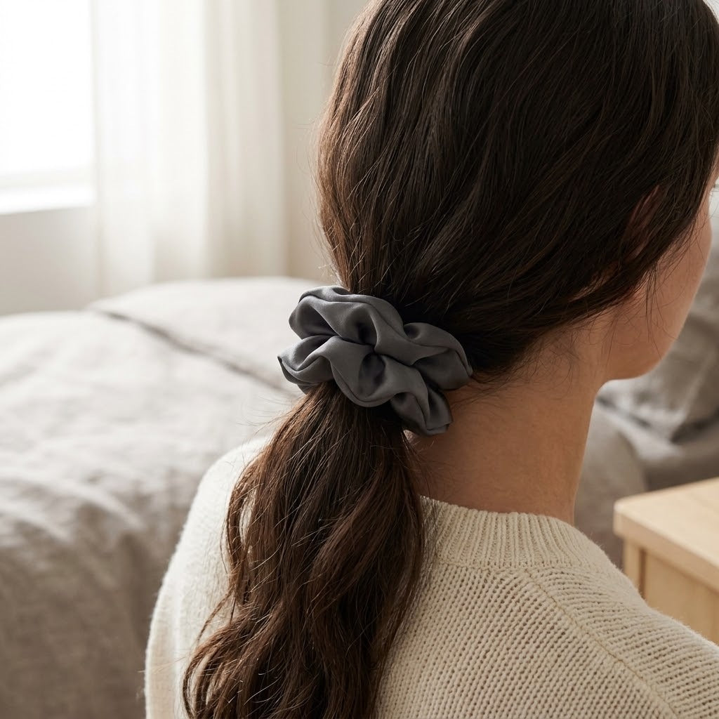 Seiden-Scrunchie in Graphit hält einen lockeren, tiefen Zopf