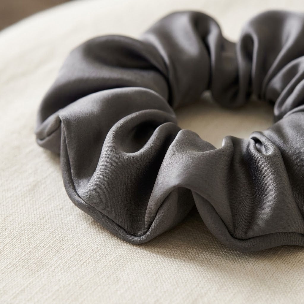 Nahaufnahme der gerafften Maulbeerseide am Scrunchie in Graphit